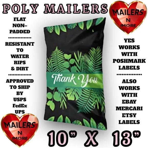 ( Quantity 50 10x13 ) Tropical Leaves Thank You Poly Mailers, Shipping Envelopes - Picture 2 of 2